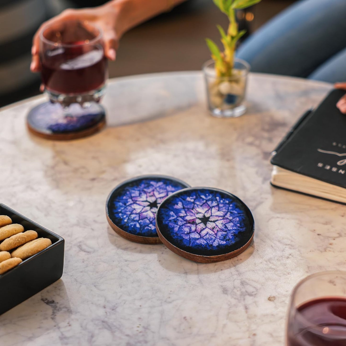 Ireka Homes Blue Nebula Acacia Wood Coaster Set (Set of 4) – Premium Handcrafted Wooden Drink Coasters with Stunning Enamel Artwork, Stylish & Durable Tabletop Protection for Home & Office
