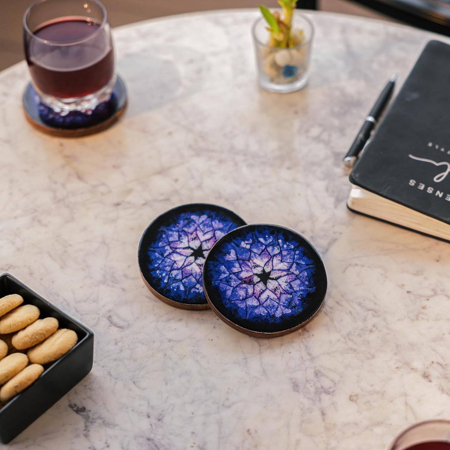 Ireka Homes Blue Nebula Acacia Wood Coaster Set (Set of 4) – Premium Handcrafted Wooden Drink Coasters with Stunning Enamel Artwork, Stylish & Durable Tabletop Protection for Home & Office