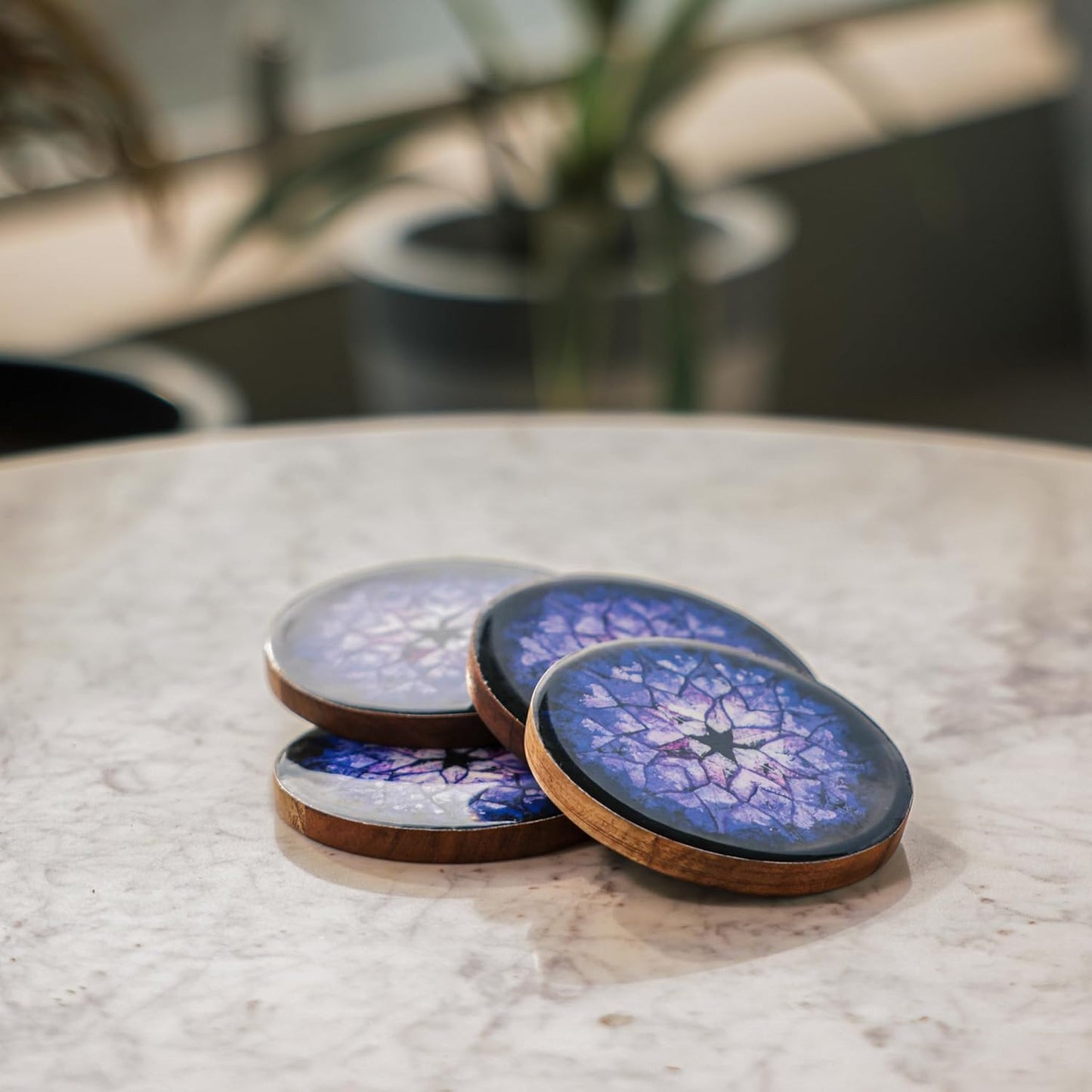Ireka Homes Blue Nebula Acacia Wood Coaster Set (Set of 4) – Premium Handcrafted Wooden Drink Coasters with Stunning Enamel Artwork, Stylish & Durable Tabletop Protection for Home & Office
