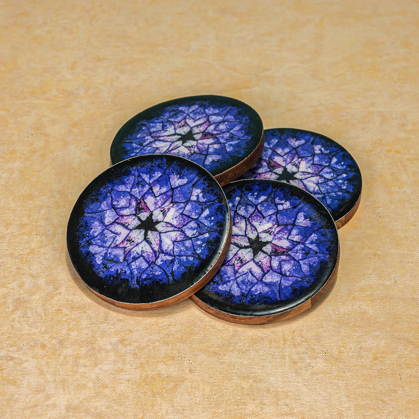 Ireka Homes Blue Nebula Acacia Wood Coaster Set (Set of 4) – Premium Handcrafted Wooden Drink Coasters with Stunning Enamel Artwork, Stylish & Durable Tabletop Protection for Home & Office