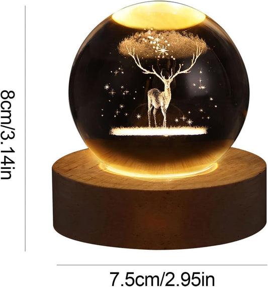 inulec 3D Galaxy Crystal Ball Night Light | Dimmable Engraved LED Glass Ball Table Lamp with USB and Wooden Base for Home Decor, Office, Birthday Gift & Kids Bedroom, 3D Galaxy Lamp Ball (Deer)