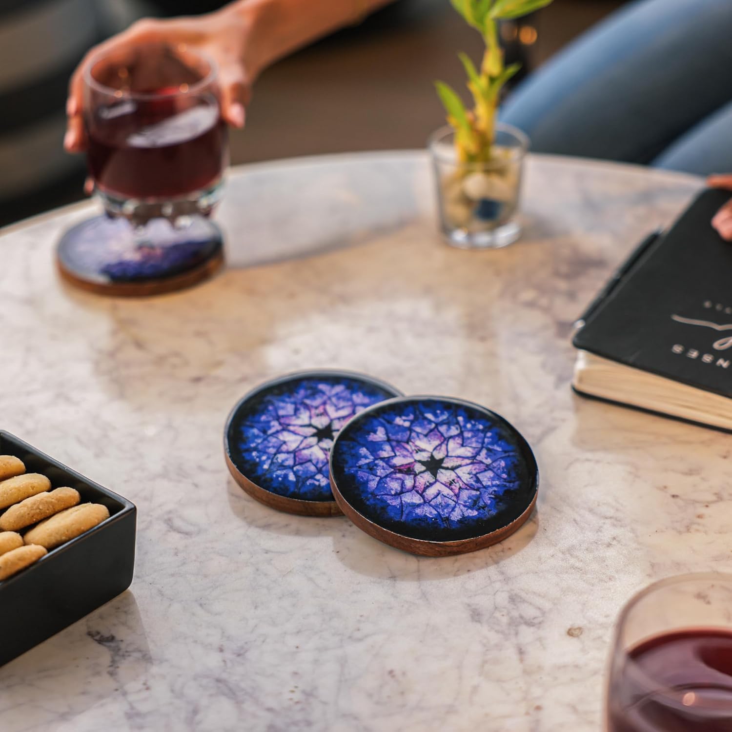 Ireka Homes Blue Nebula Acacia Wood Coaster Set (Set of 4) – Premium Handcrafted Wooden Drink Coasters with Stunning Enamel Artwork, Stylish & Durable Tabletop Protection for Home & Office