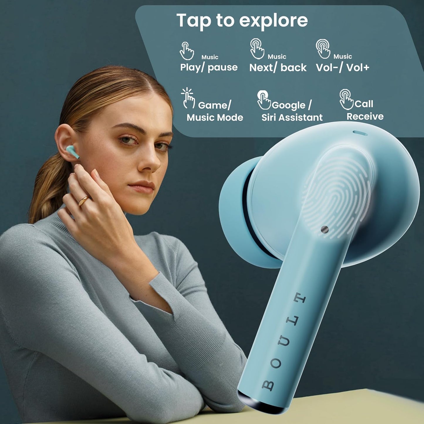 Boult Audio W20 Truly Wireless in Ear Earbuds with 40H Playtime, Zen™ ENC Mic, 45ms Low Latency, 13mm Bass Drivers, Type-C Fast Charging, Made in India, Touch Control, IPX5 ear buds TWS (Glacier Blue)
