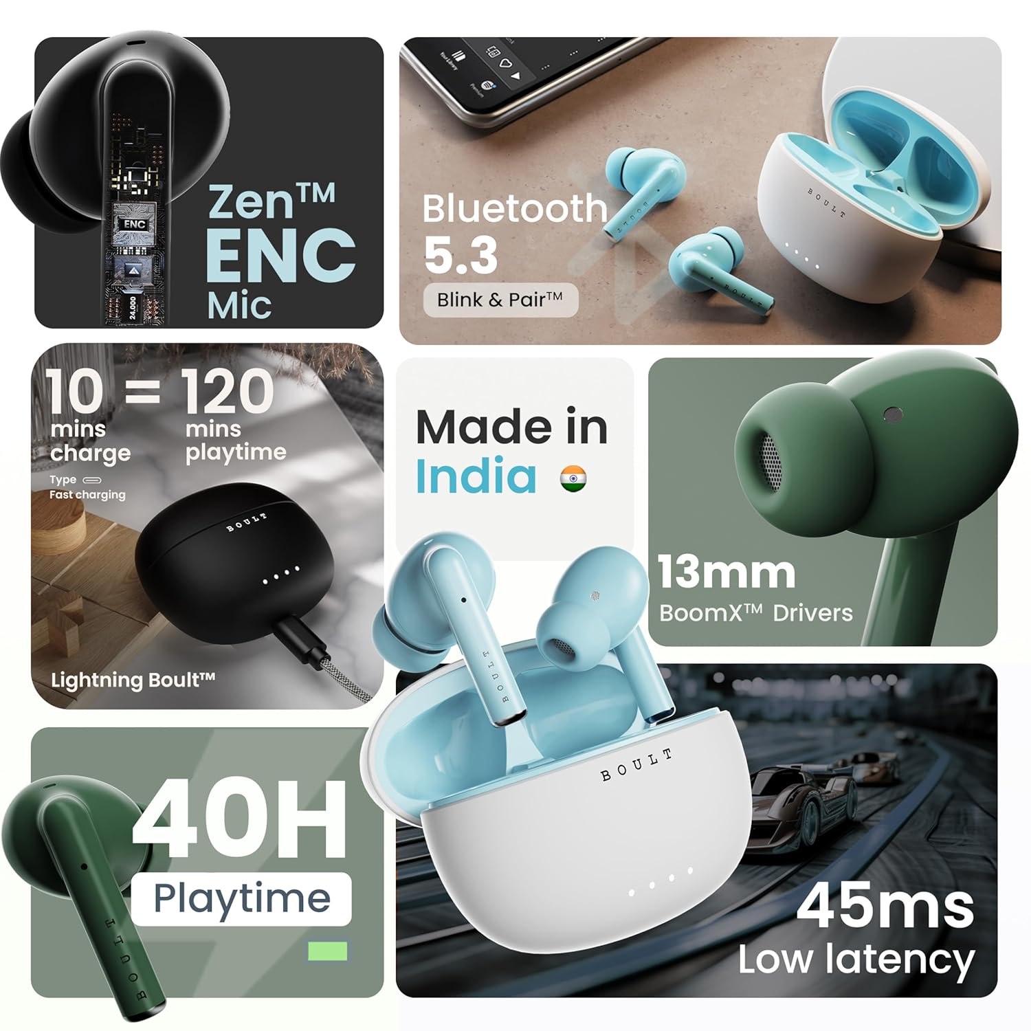 Boult Audio W20 Truly Wireless in Ear Earbuds with 40H Playtime, Zen™ ENC Mic, 45ms Low Latency, 13mm Bass Drivers, Type-C Fast Charging, Made in India, Touch Control, IPX5 ear buds TWS (Glacier Blue)